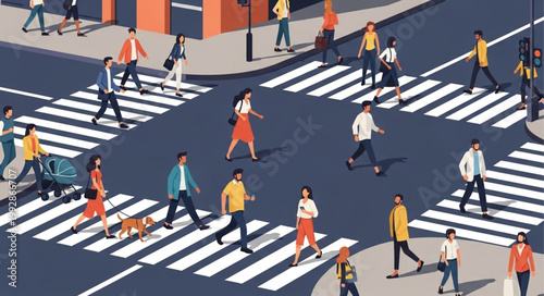 Diverse group of people crossing a busy city street at a crosswalk.