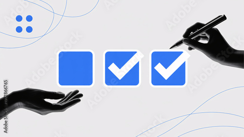 A hand holding a pen checks boxes on a form with another hand reaching out