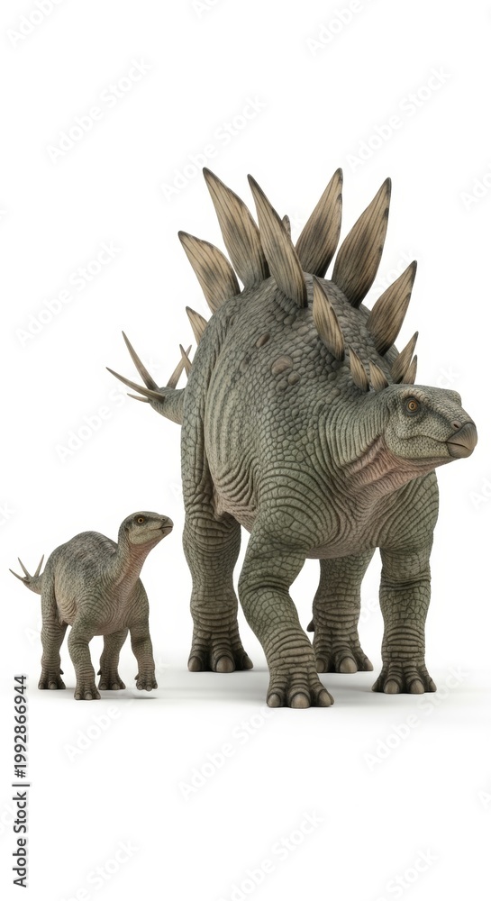 Fototapeta premium Adult Stegosaurus and Baby Dinosaur Realistic Illustration