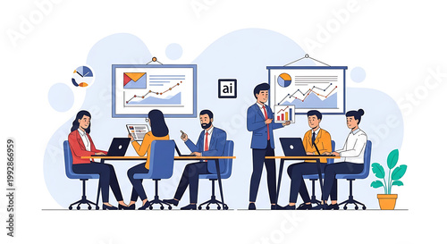 Business meeting in office with people collaborating and analyzing data on charts and laptops, presenting strategy and teamwork