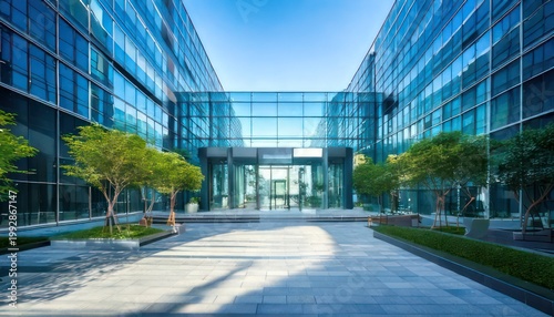 Modern office building exterior with glass facade and skybridge.
