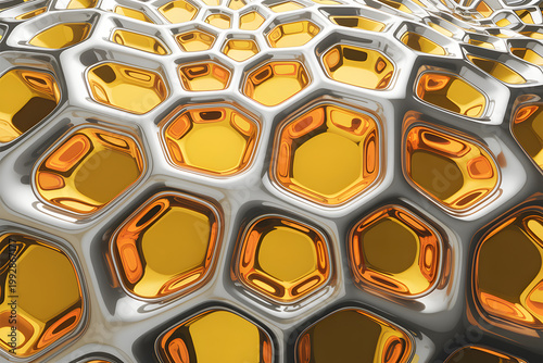 Abstract honeycomb structure with metallic sheen and golden cells