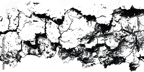 Intensely cracked and broken abstract texture in black and white grunge overlay