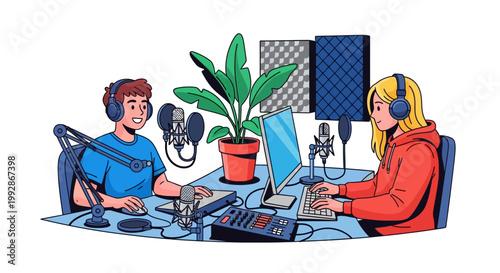 Two people recording a podcast together.