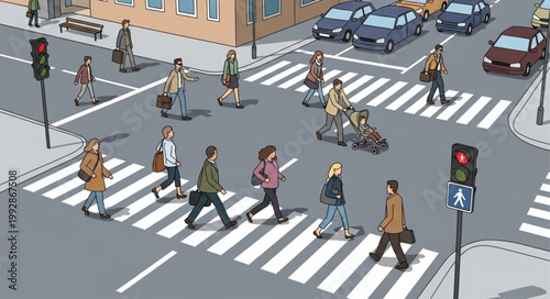 Busy City Street Intersection with Pedestrians Crossing Road.