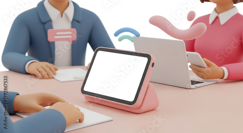 Business meeting with tablet display and wifi signal icon, people collaborating on project with laptop and mobile phone on table, teamwork and communication concept