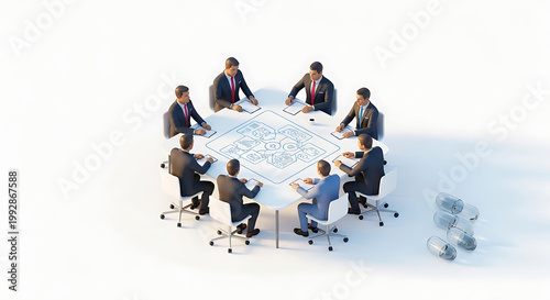 Business meeting with team members gathered around a large round table, discussing strategy and planning, collaborative decision making