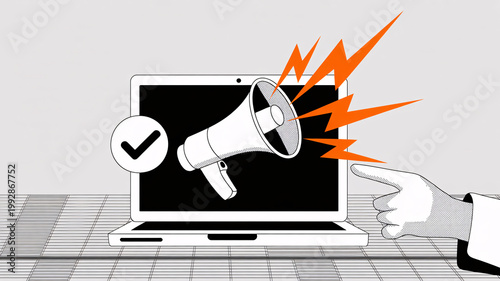 A hand interacting with a laptop displaying a megaphone on its screen with a checkmark