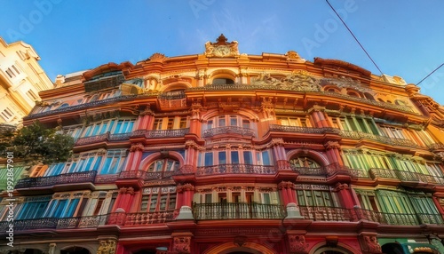 Ornate Building Facade in Valletta, Malta under Blue Sky.