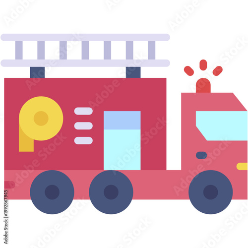 Fire Truck Vehicle and Firefighter Rescue Vector Icon in Emergency Action 
