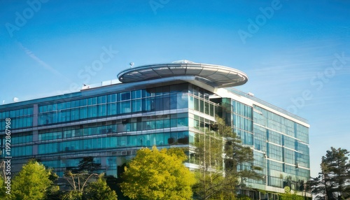 Modern Office Building with Unique Design and Blue Sky.