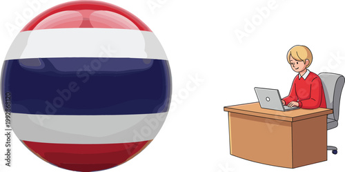 Thailand flag sphere icon and businessman working on laptop at desk cartoon vector illustration set isolated business and country concept