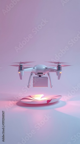 Delivery drone with package hovering over landing pad