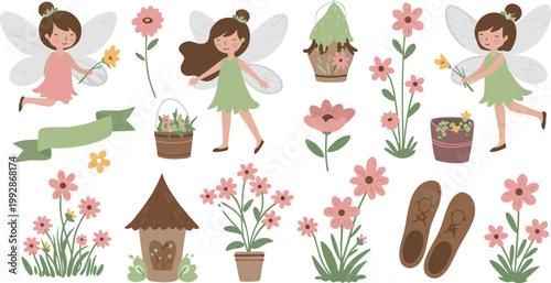 Whimsical illustration of fairies and flowers with garden elements and a birdhouse