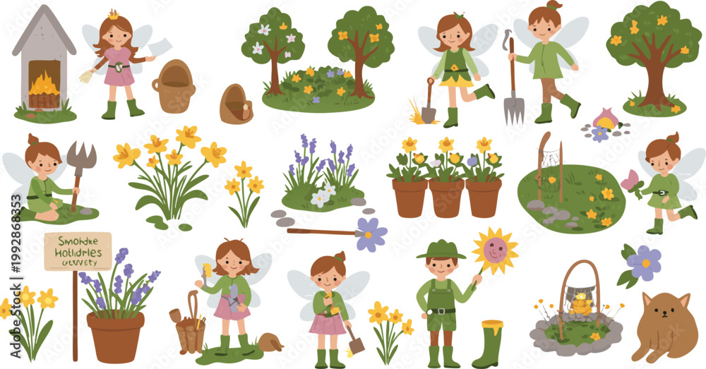 Fototapeta premium Children gardening and planting flowers and trees in a whimsical outdoor setting with a rabbit