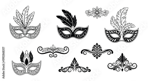 Elegant venetian masks and ornate decorative flourishes in black and white