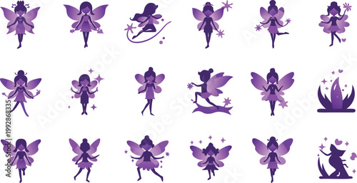 Collection of purple fairies in various poses and outfits on white background