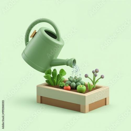 Watering can above a planter with plants and vegetables