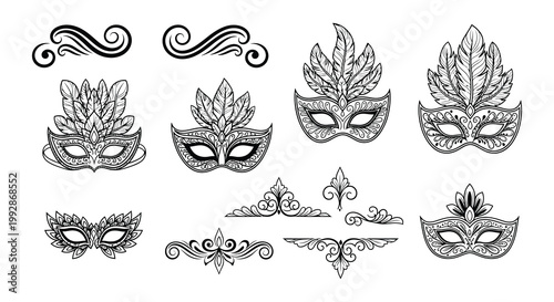 Elegant venetian masks and ornate decorative flourishes in black and white