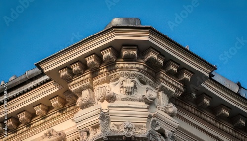 Ornate Building Corner Detail Against a Clear Blue Sky.