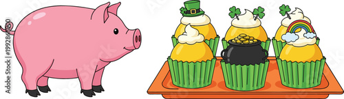 Cute pig cartoon and festive cupcakes with St Patricks Day decorations vector illustration set isolated food and animal design elements