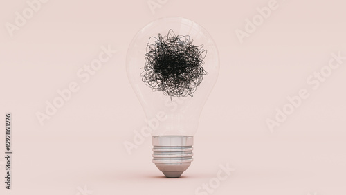 Lightbulb Tangled Scribble Chaotic Thoughts Mental Chaos Confusion Anxiety Mental Health Psychology Concept 3D Illustration