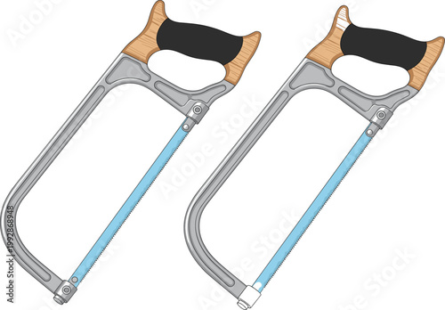 Hand saw tools set metal frame hacksaw equipment vector illustration isolated construction and woodworking design elements
