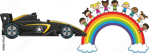 Black race car and diverse kids on rainbow cartoon vector illustration set speed vehicle and children unity design elements collection