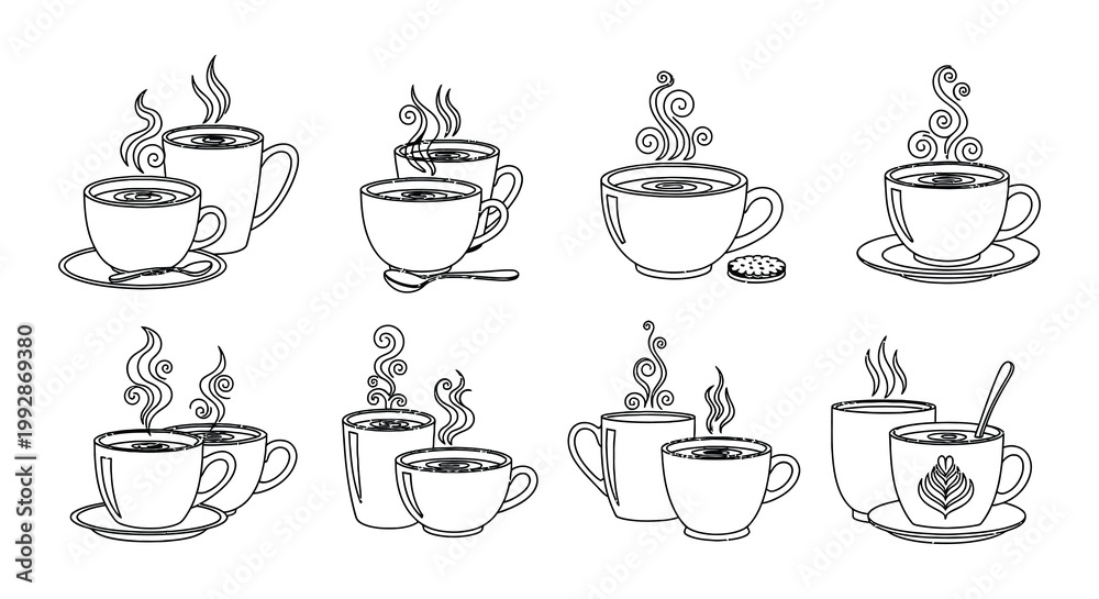 Fototapeta premium A collection of hand drawn coffee cups with rising steam isolated on white