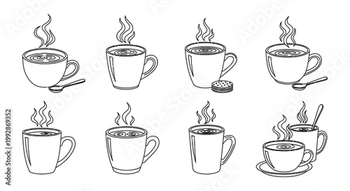 A collection of hand drawn coffee cups with rising steam isolated on white