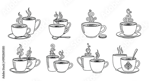 A collection of hand drawn coffee cups with rising steam isolated on white