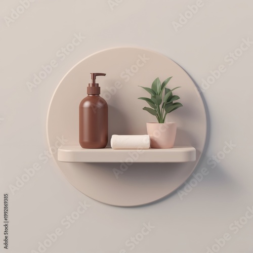 Minimalist brown soap dispenser, plant, and towel on a shelf
