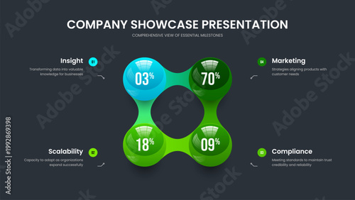 Company Development 4 Step Graph Slide Design. Enterprise Innovation Four Element Infographic Presentation Layout. Clean Portfolio Slideshow Template Vector Illustration.