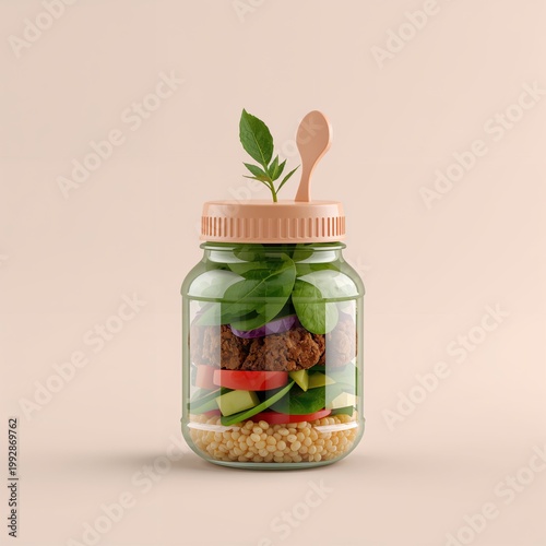 Healthy salad in a jar with avocado, vegetables, and a wooden spoon