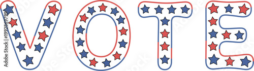 Vote text filled with blue and red star, USA election design element, transparent PNG and vector illustration for political campaigns, democracy themes, voting awareness, and civic design projects.