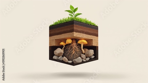 Cross section showing soil layers, roots, mushrooms, and plant, growing
