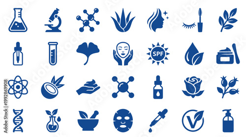 Collection of blue icons representing science, beauty, health, and organic ingredients for skincare and cosmetics