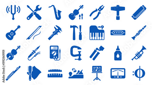 Collection of musical instruments and tools icons representing music creation, repair, and learning in a blue color palette