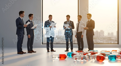Business team in suits discussing data on papers with digital network overlay, pills in foreground, modern office setting