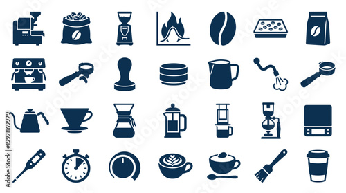 Collection of coffee making equipment and accessories icons representing the art of brewing coffee from beans to cup for cafe and home barista