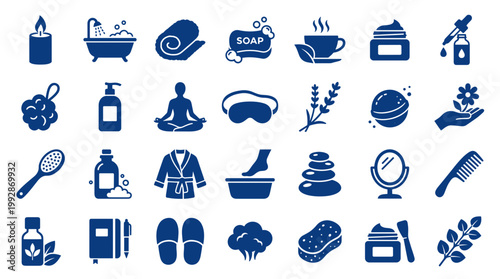Collection of spa and wellness icons representing relaxation self care and beauty treatments in a clean blue color palette