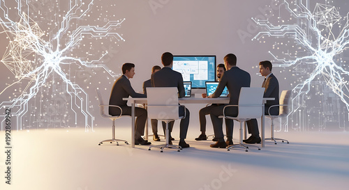 Business team in a modern meeting room discussing data on screens with glowing abstract neural network background, representing technology and innovation
