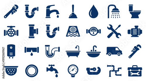 Collection of plumbing tools and equipment icons representing home repair and maintenance services