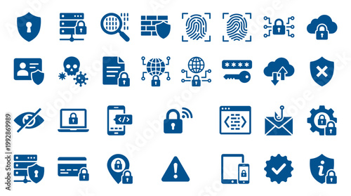 Cybersecurity and Digital Security Icons Set Representing Data Protection Network Security and Online Safety Concepts