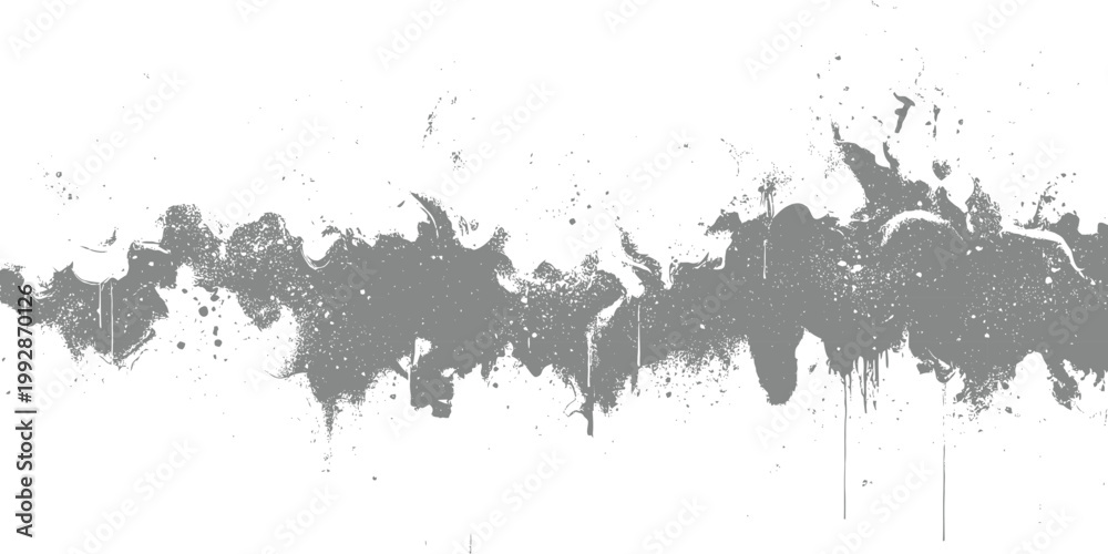 Fototapeta premium Abstract grey ink drip design with messy paint splatters on white for modern artistic background texture