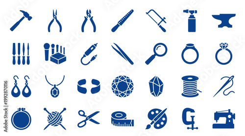 Collection of crafting and jewelry making tools and supplies icons representing various creative hobbies and artisanal professions