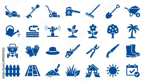 Collection of blue garden and lawn care equipment icons and symbols for landscaping and home maintenance concepts