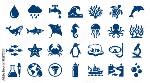 Collection of marine life and environmental conservation icons representing water resources, ocean creatures, and scientific research for ecological awareness
