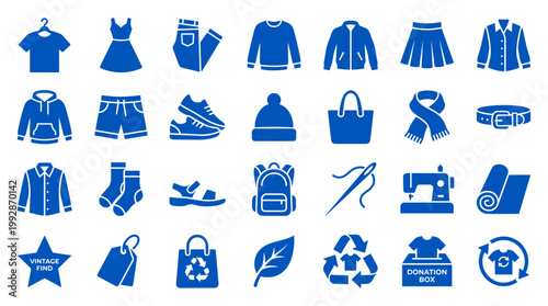 Collection of blue clothing and fashion icons representing apparel accessories and sustainable fashion concepts like recycling and donation
