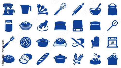 Collection of blue baking and cooking icons representing kitchen tools ingredients and baked goods for food preparation and culinary arts